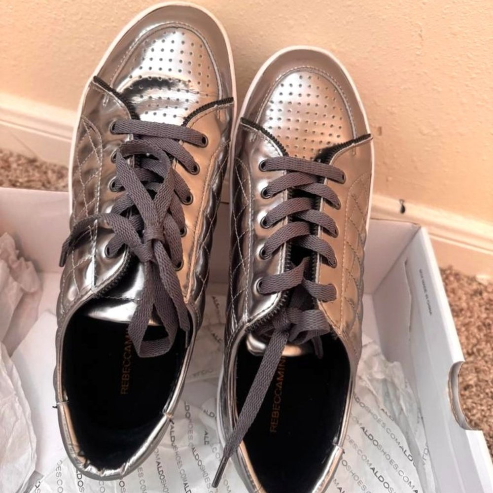 Rebecca Minkoff  Metallic Silver Leather Lace Up Sneakers
